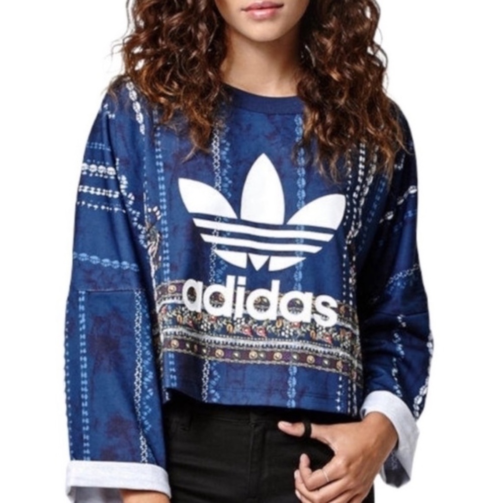 ADIDAS X FARM Rio Carinderia Floral Print Crop Top Sweatshirt Blue Size XS